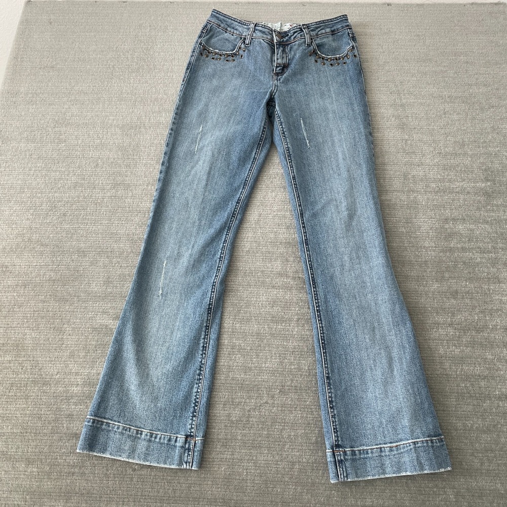 Y2K Mudd Jeans Women 7 JR Medium Wash Flare Leg Low Rise Hippie Grunge Grommett
